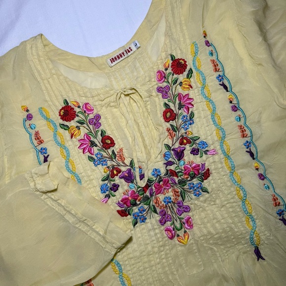 Johnny Was Tops - Johnny Was Yellow Embroidered Boho Tunic Cupra Rayon Size Large Festival Peasant